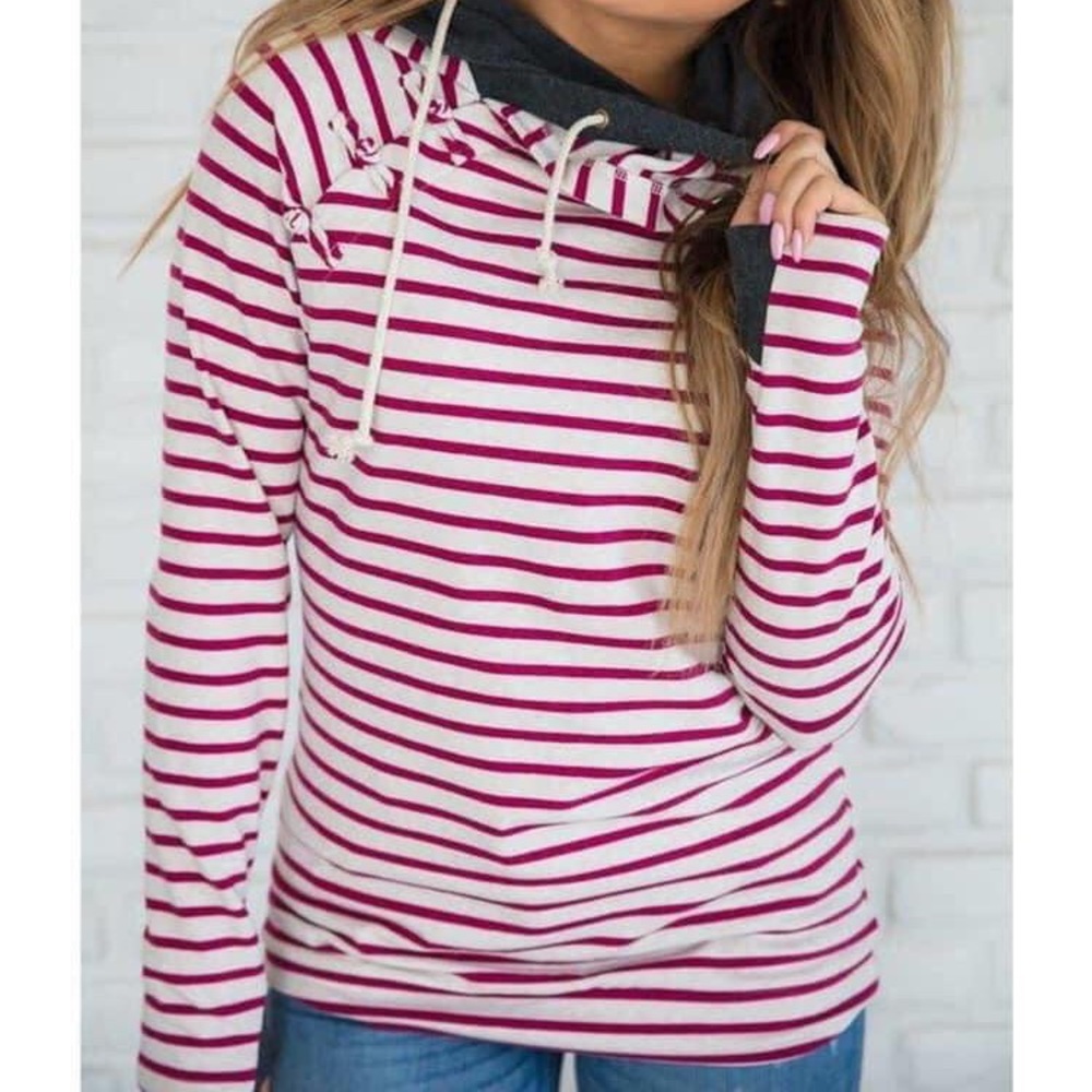 Cranberry Striped Knotted Accent Double Hoodie